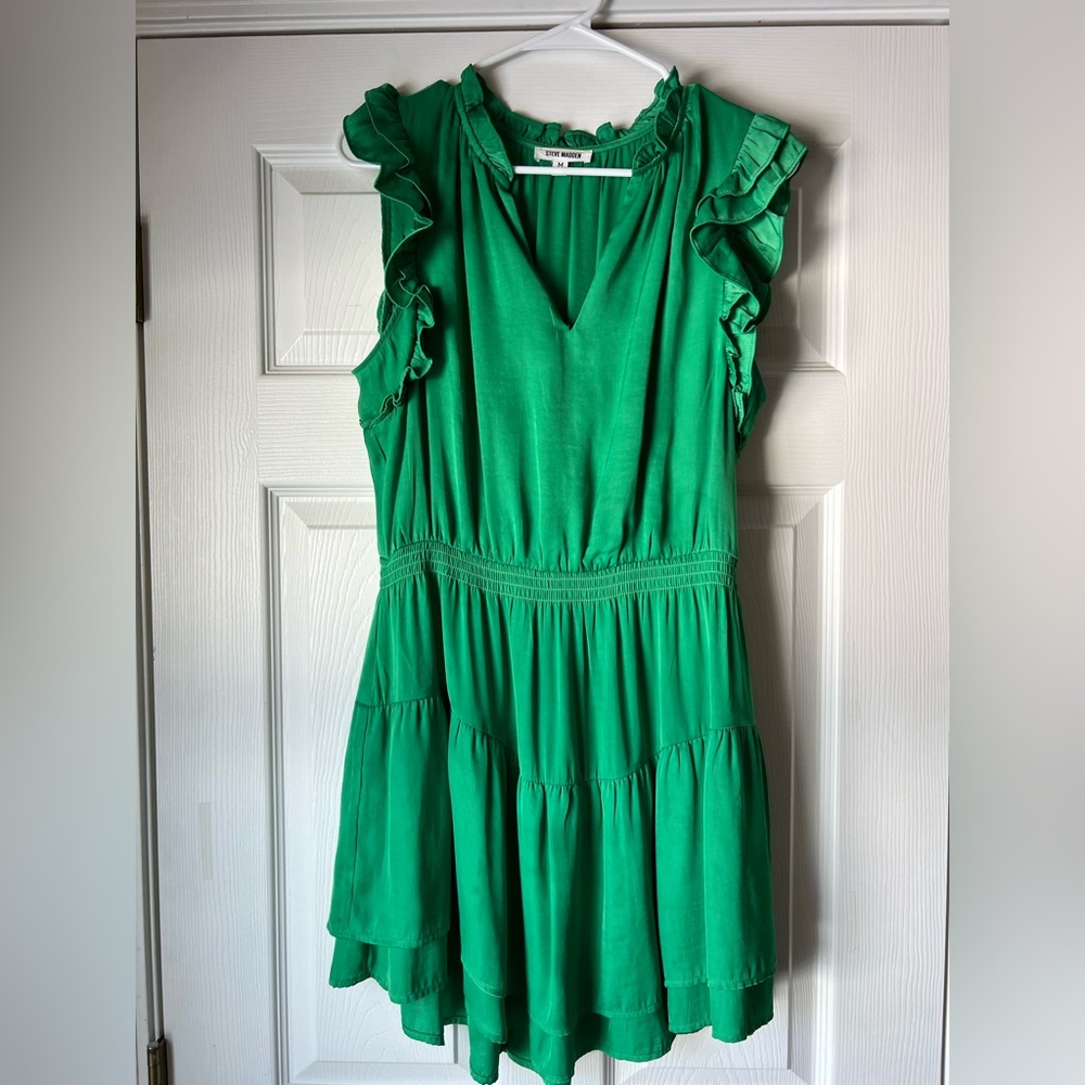 Steve Madden Prarie Dreams Flutter Sleeve Mini Dress in Green Washed Satin